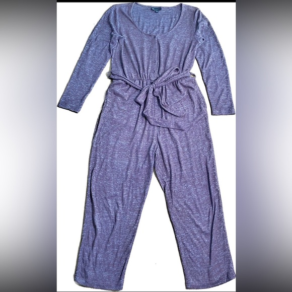 Bobeau Medium Burgandy Brushed Knit Jumpsuit with Tie Waist and Buttons - Picture 2 of 5